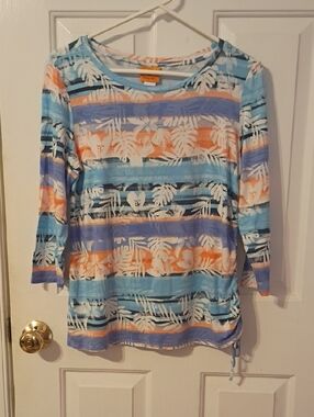 Ruby Rd. Striped Tropical Scoop Neck Top in Blue, Orange, White